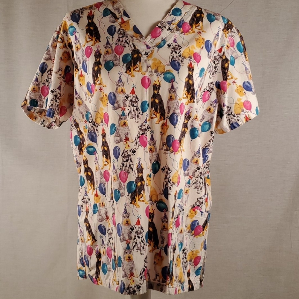 Birthday dogs party scrub top with balloons